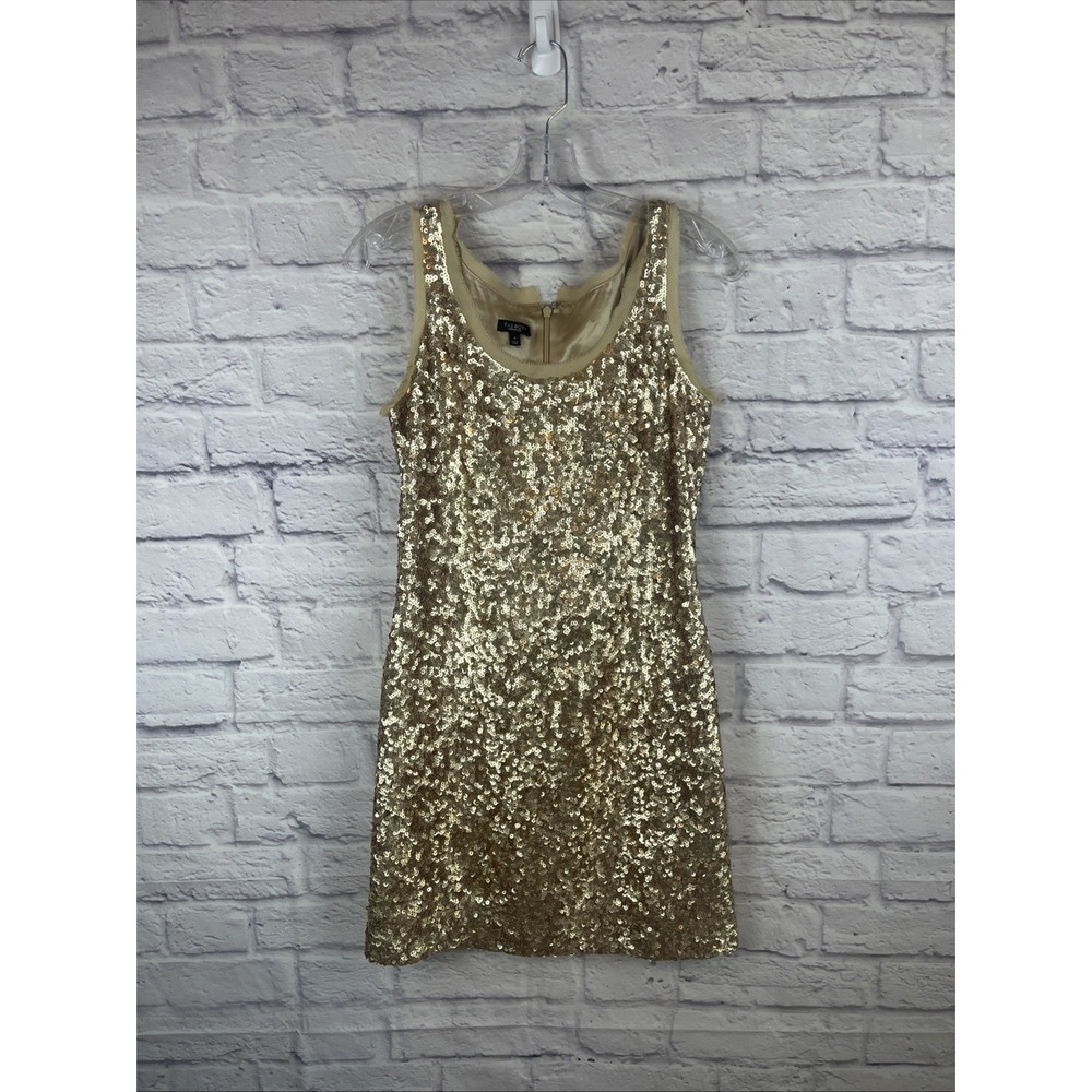 Talbots Women's Glam Formal Silk Gold Sequin Shift  Party Dress Size 4 Read *